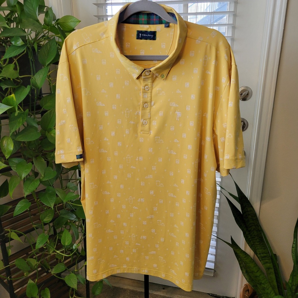 William Murray Golf Polo Shirt Mens XXL Yellow Cocktail Drink Print Stretch